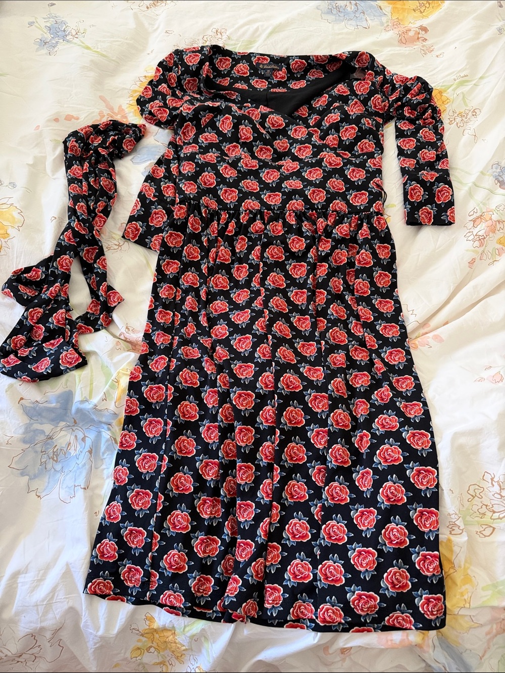 Brooks Brothers Black Midi Dress with Red Rose Print
